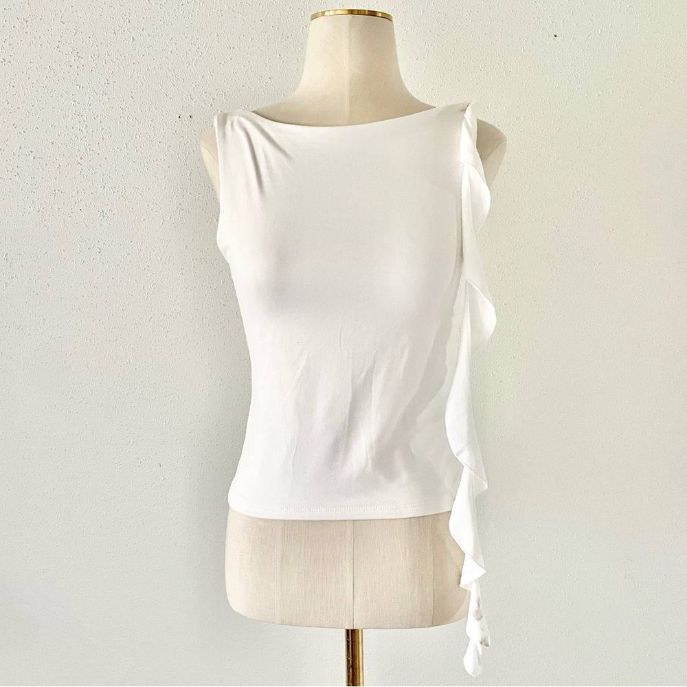Jrs' Size Medium Ivory Cream Ruffle Sleeveless High Neck Fitted Top 90s Inspired